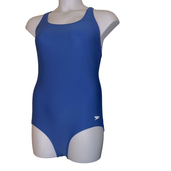 Speedo Powerflex Ultraback One Piece Swimsuit Womens 12 Solid Blue Moderate Cut - Picture 5 of 9